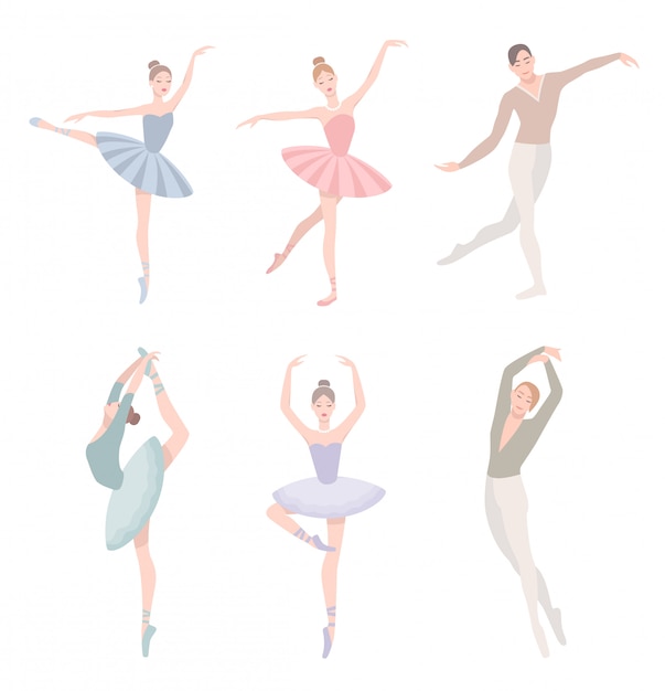 Set di ballerina. illustrazione in stile piatto. ragazza e ragazzo in tutù, collezione di diverse posizioni coreografiche.