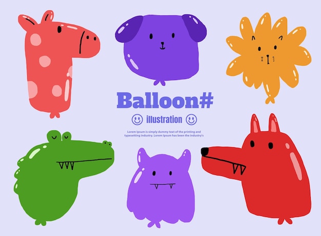 Set balloon and cute animal cartoon characters hand drawn illustration