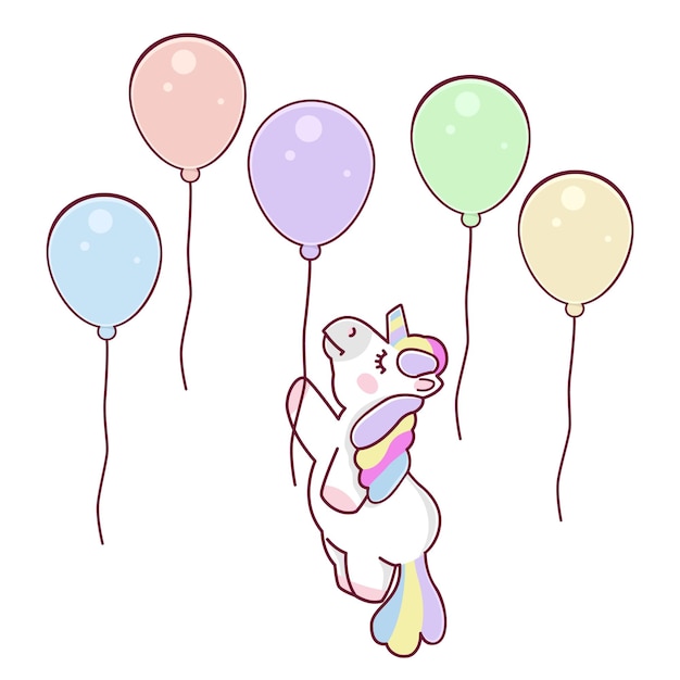 Set di palloncini e unicorno carino tenere palloncino mascotte unicorno personaggio dei cartoni animati