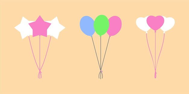 Set of balloons isolated Flying decoration in form of balls hearts stars Cartoon clip art for party