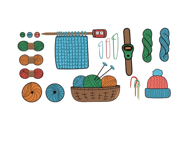 Vector set of balls of wool and knitting needles