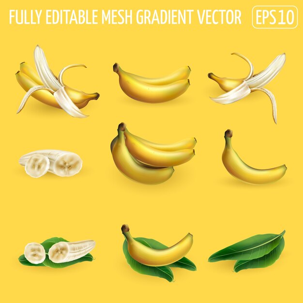 Set of banana compositions on a yellow background.