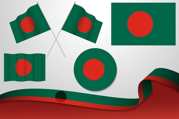 Set Of Bangladesh Flags In Different Designs Icon Flaying Flags With ribbon With Background