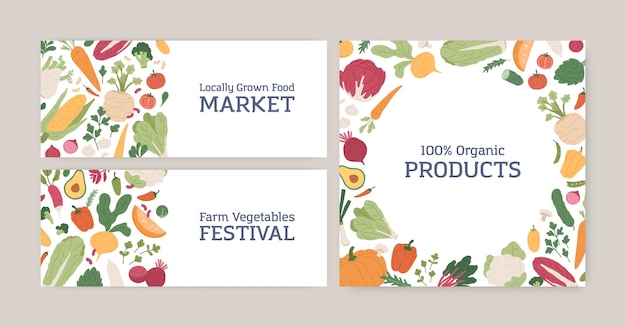 set of banner and card designs with fresh organic vegetables and greens. healthy farm food on white backgrounds for local market and veggie festival advertising. colored flat vector illustration.