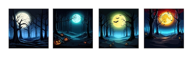 Set banner halloween griezelige enge pompoenen scène eng griezelig bos in de donkere nacht herfst van oktober