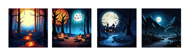 Set banner halloween spooky scary pumpkins scene scary creepy forest in october dark night autumn