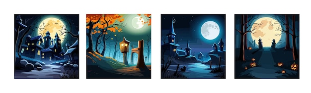 Vector set banner halloween spooky scary pumpkins scene scary creepy forest