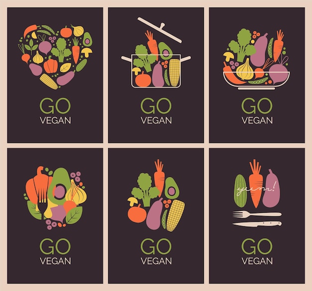 Vector set banner met biologisch, gezond, veganistisch eten. affiches met vectorillustraties van groenten.