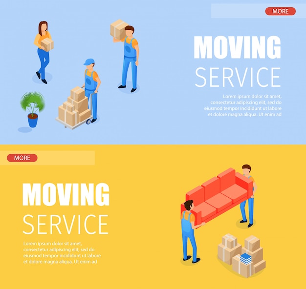 Set Banner Moving Service Vector Illustration. Horizontal Isometric Loader Transports Boxes