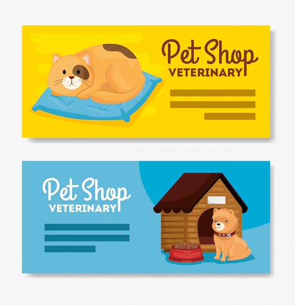 Set banner of pet shop veterinary with cat and dog