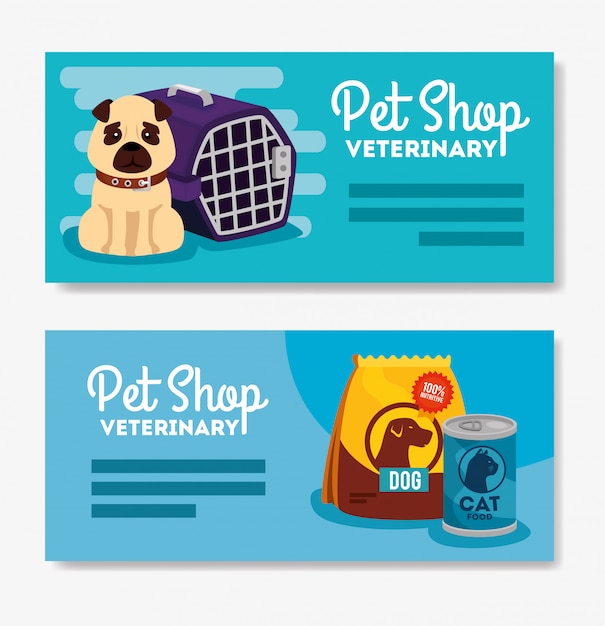 set banner of pet shop veterinary with little dog and 