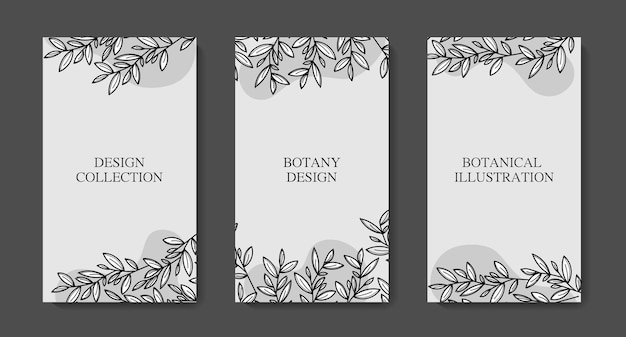 Set banner postkaarten plantstyle stickers met bladeren en takken in zwart-wit