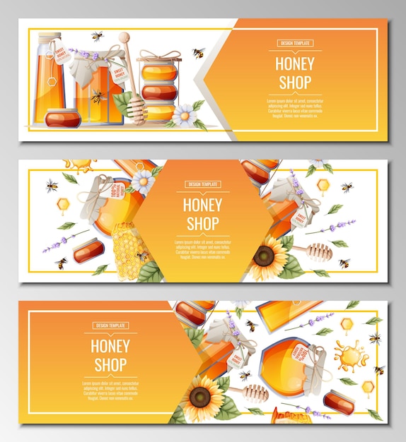 Set of banner templates with honey products Honey shopIllustration of a jar of honey honeycombs bees