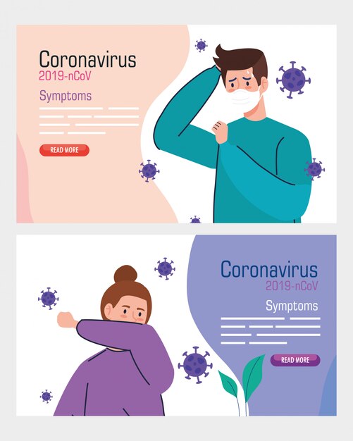 set banner with young people sick of coronavirus 2019 ncov