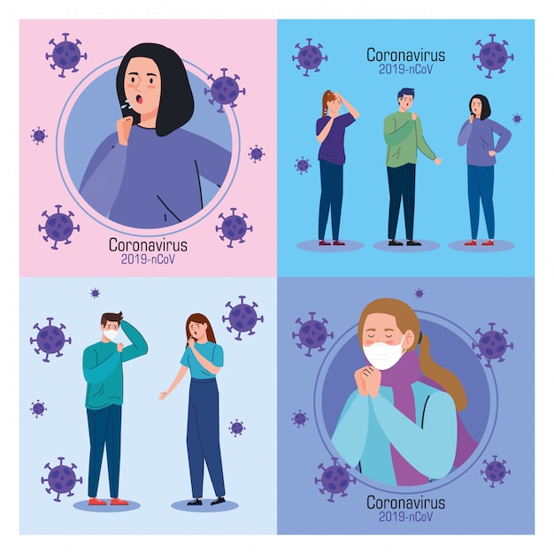 Vector set banner with young people sick of coronavirus 2019 ncov