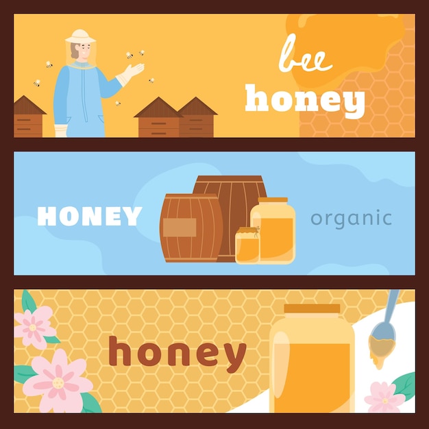 Set of banners for apiary and honey industry flat vector illustration