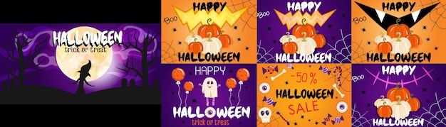 A set of banners for halloween with the moon pumpkins spiders banners for invitations