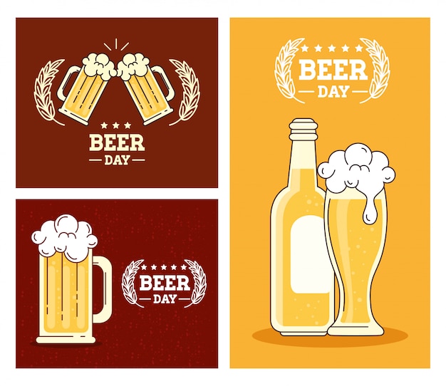 Vector set of banners, of international beer day, august celebration with decoration