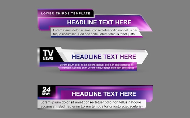 Set banners and lower thirds for news channel with purple and white color