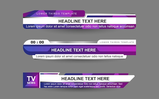 Vector set banners and lower thirds for news channel with purple and white color