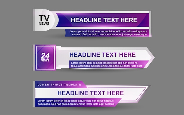 Set banners and lower thirds for news channel with purple and white