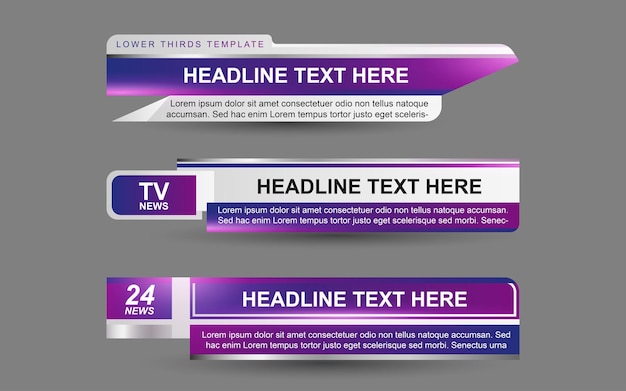 Set banners and lower thirds for news channel with purple and white