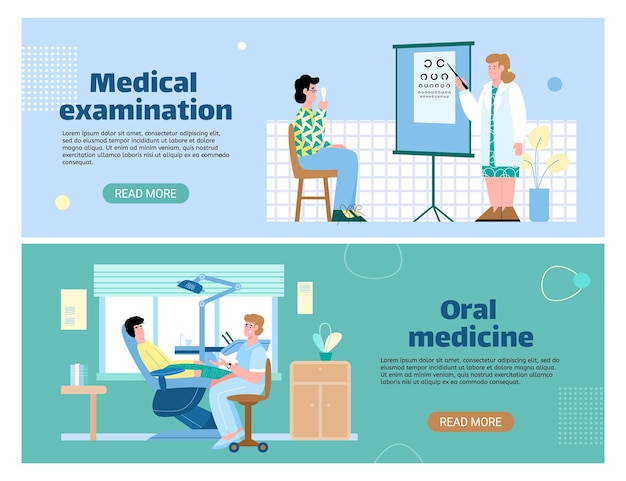 Набор баннеров для медицинского зрения и стоматологического осмотра плоских векторных иллюстраций