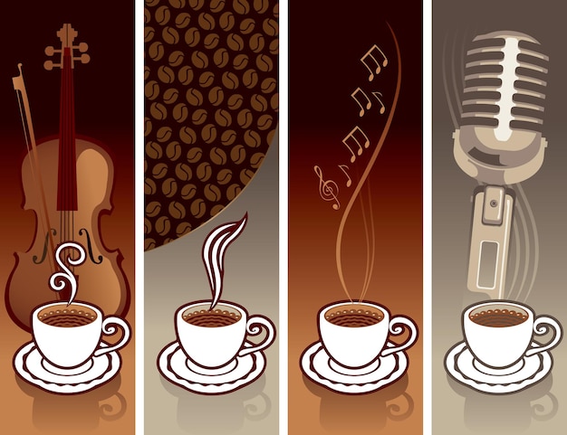 set banners met kopjes koffie en muziekapparatuur