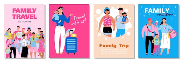 Set di banner o poster sul tema dell'illustrazione vettoriale di schizzo di viaggio in famiglia