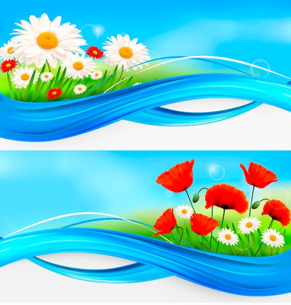 A set of banners for a summer day with flowers and grass.