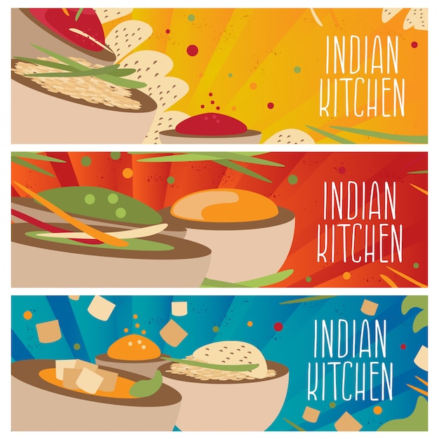 さまざまな味のフラットなデザインのテーマインド料理のバナーのセットです。図