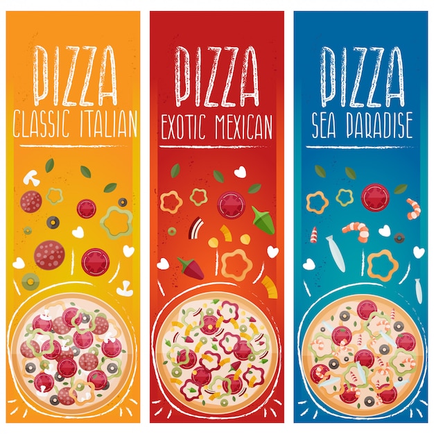 Vector set of banners for theme pizza with different tastes flat design