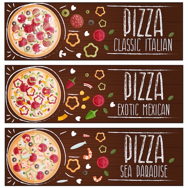 Vettore set di banner per pizza a tema con diversi gusti piatti.