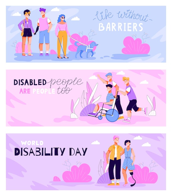 Set banners voor gehandicapte dag met karakters platte vectorillustratie