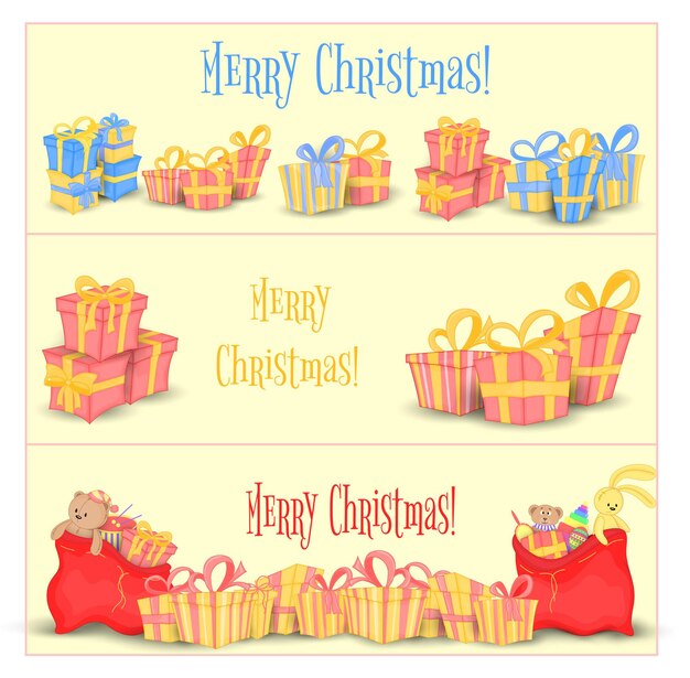 Vector set of banners for website and cards with christmas gifts and bags of santa claus. cute boxes for birthday and valentine's day. templates for text and greetings. isolated on a white background.