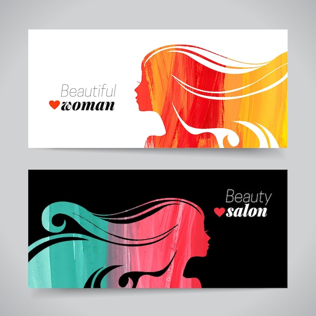 Set of banners with acrylic beautiful girl silhouettes Vector illustration of painting woman beauty salon design