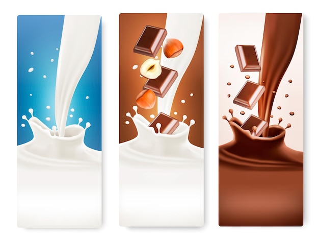 Set of banners with chocolate and milk splashes. vector.