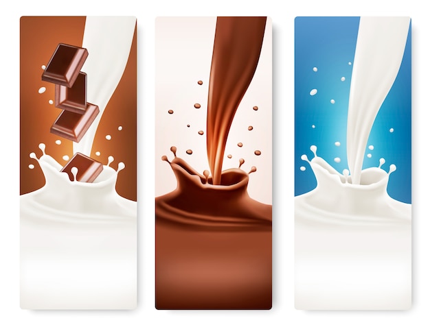 Vector set of banners with chocolate and milk splashes.