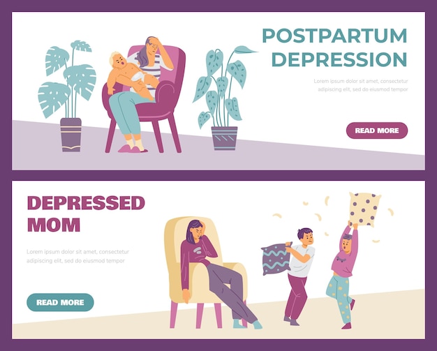 Vector set of banners with concept of tired mom in stress postpartum depression