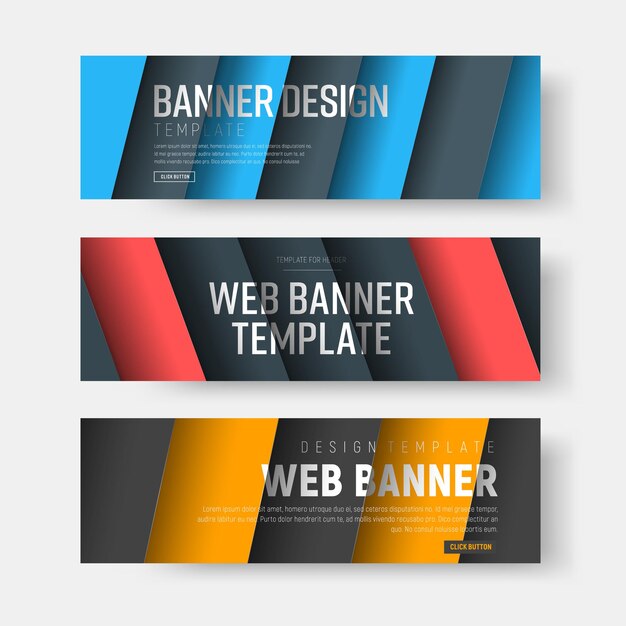 Vector set of banners with diagonal colored lines with shadow.