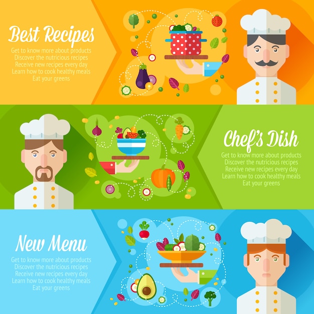 Vector set of banners with flat cook portraits and dish icons