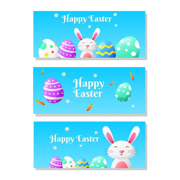 A set of banners with happy easter and a bunny.