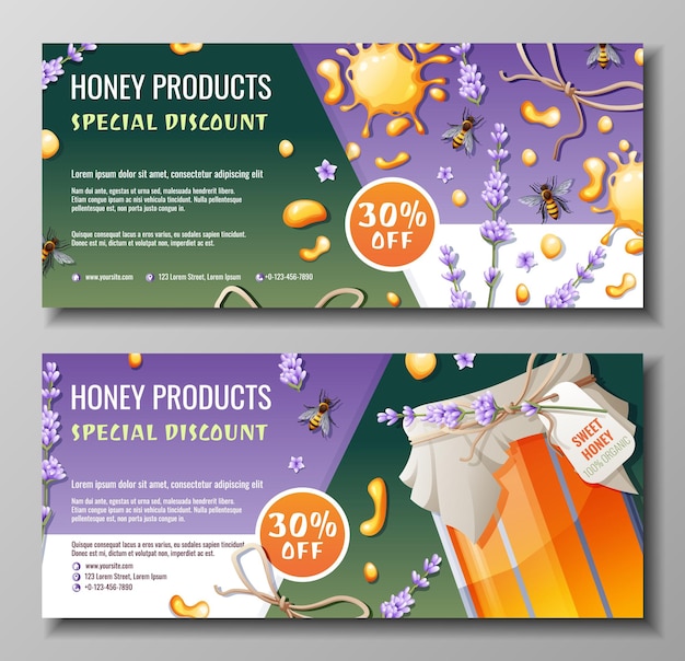 Set of banners with honey products Discount coupon for honey shop A jar of honey bees lavender Natural useful products Sweet dessertVector illustration