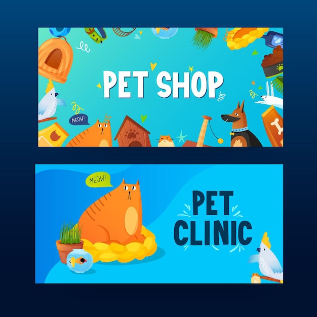 set of banners with pets care equipment and text label