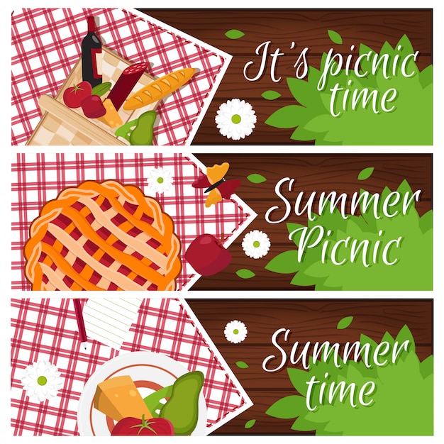 Vector set of banners with wooden desk with picnic basket for summer time theme