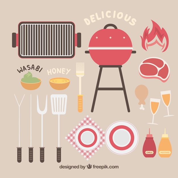 Vector set barbecue-elementen in vlakke stijl