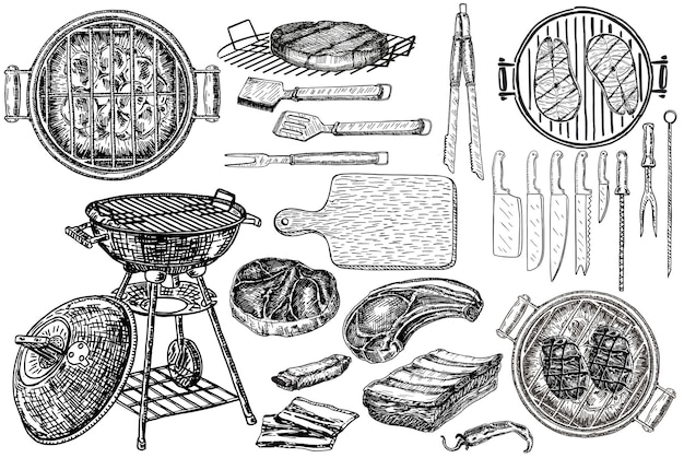 Vector set of barbecue elements. engraved design.