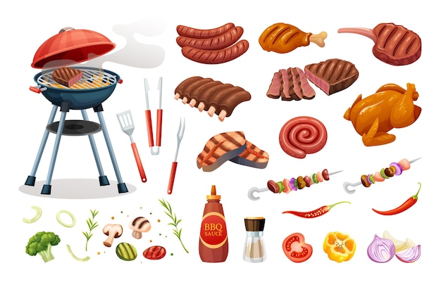 Set of barbecue elements grilled meat and ingredients BBQ party concept in cartoon style