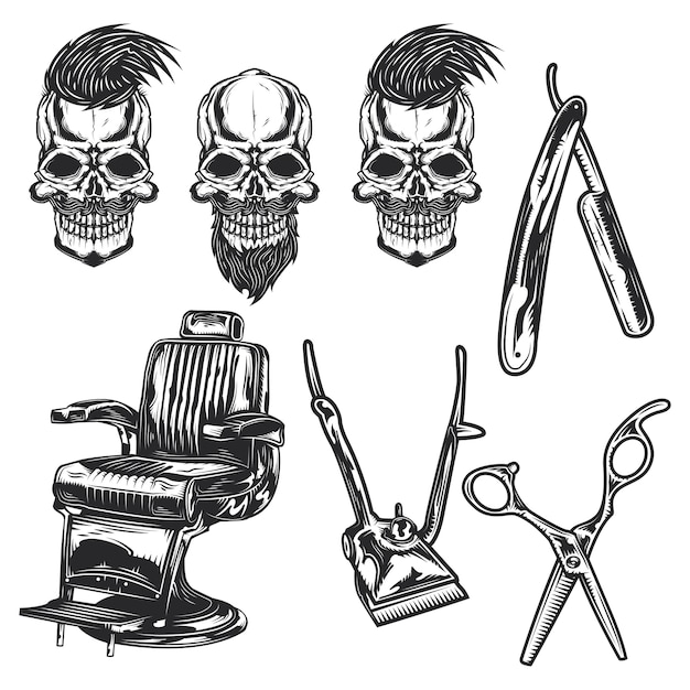 Vector set of barber equipment and skulls