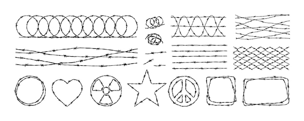 Set di sfondi e cornici di recinzione di filo spinato illustrazione vettoriale disegnata a mano in stile schizzo